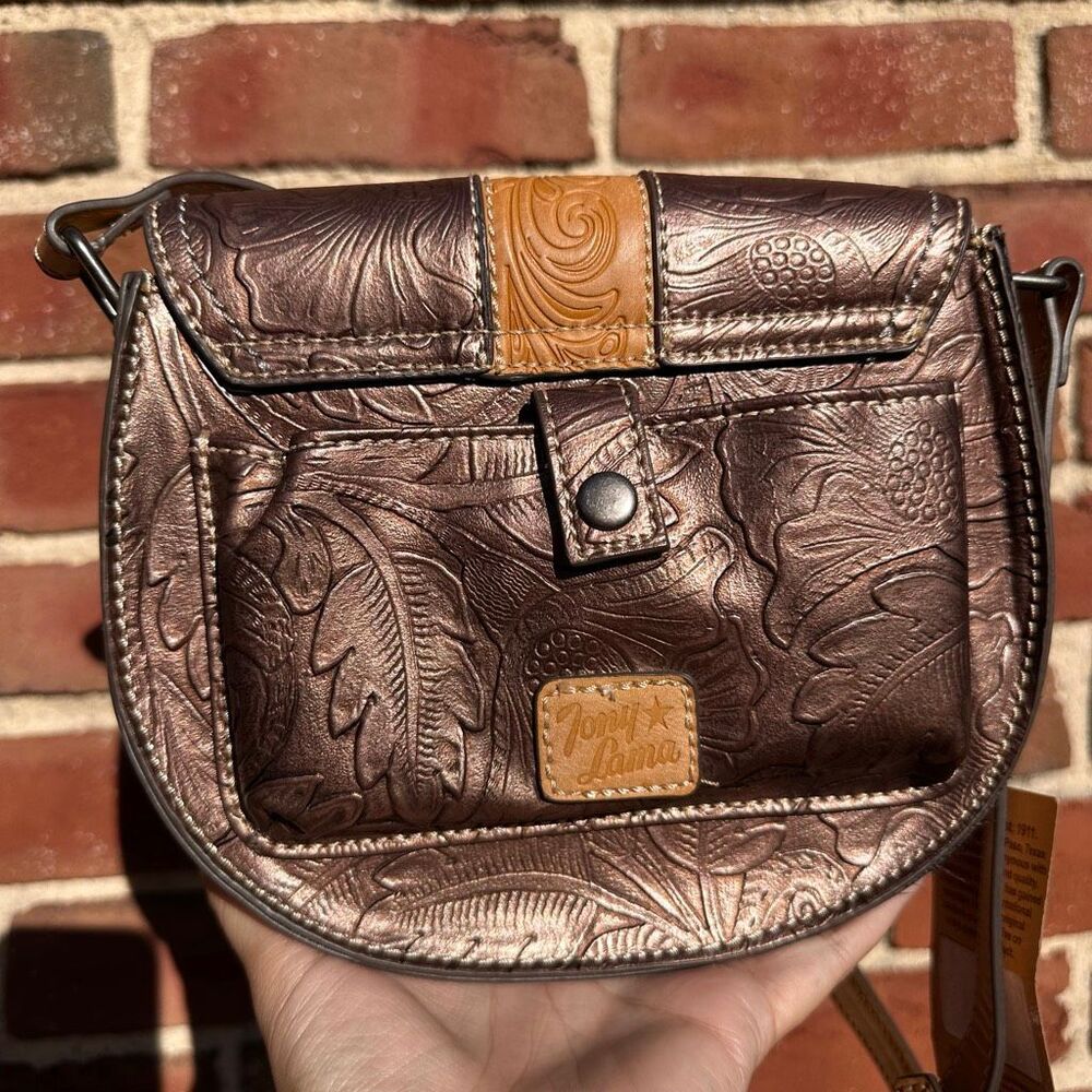 Tony Lama Tooled Leather Saddle Bag Bronzed Floral Brown Crossbody NEW - Picture 6 of 8